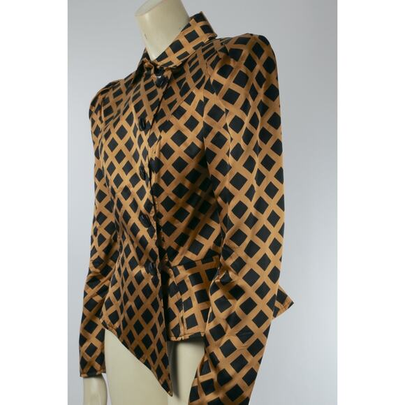 Richard Warren Pure Silk Vintage Peplum Blazer Beige Black Diamond Grid Size 4 - Picture 3 of 15